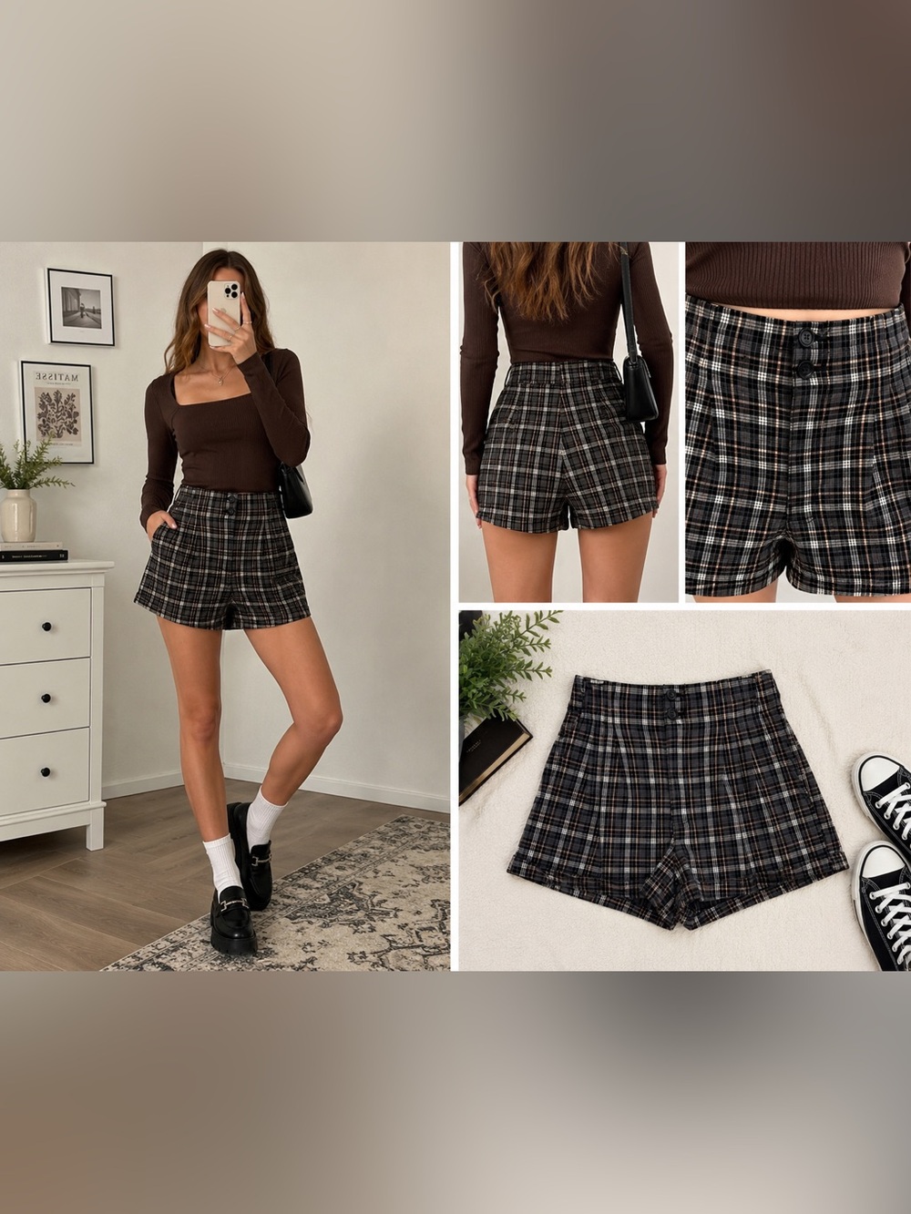 American Eagle Plaid Pleated High Rise Shorts | Dark Academia Grunge Prep